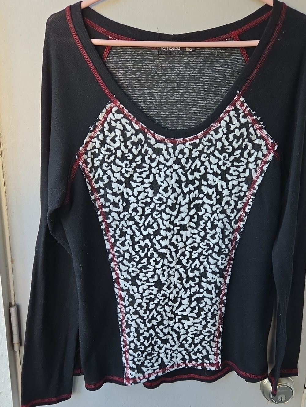 Tempo Black Long-Sleeve Panel Top with White Leopard Print